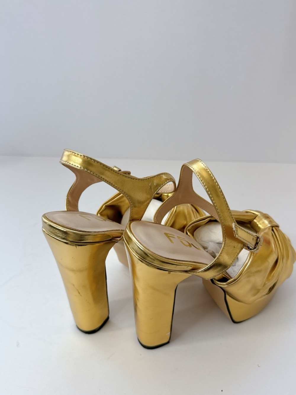 Size 7 FSJ Gold Bow Platform Heels Women’s Metallic Slingback Pumps Party Shoes - Picture 3 of 14